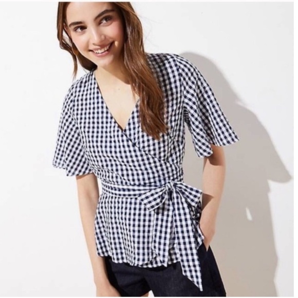 LOFT Tops - Ann Taylor LOFT Gingham Plaid Surplice V-Neck Wrap Woven Blouse Preppy Navy XS